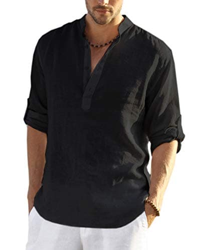 COOFANDY Men's Cotton Linen Henley T-Shirts Long Sleeve Hippie Casual Beach T-Shirts Black - Image 1