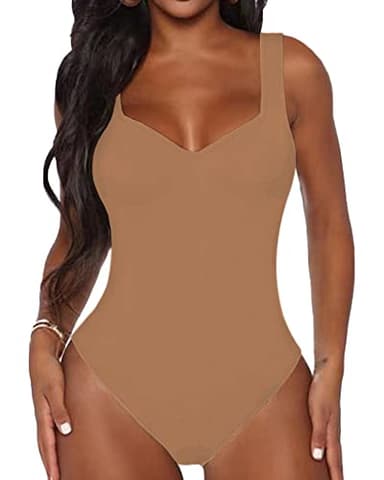 BelleLovin Women's Sweetheart Square V Neck sleeveless Tank Tops Bodysuits (XX-Large, Mocha) - Image 1