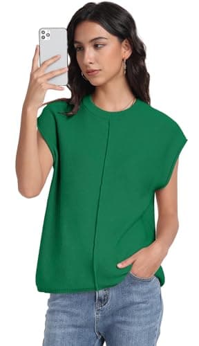 PrinStory Womens Summer Cap Sleeve Tops Casual Crew Neck Loose Fit Knit Lightweight Sweater Pullover Top Dark Green Large - Image 2