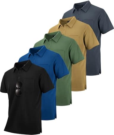 SCODI 5 Pack Mens Pocket Polo Shirts Short Sleeve Multipack Golf Shirt for Men Moisture Wicking Casual Athletic Work T-Shirts Grey Khaki Green Blue Black M - Image 1