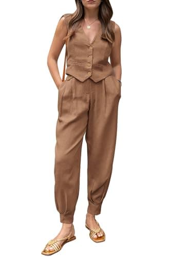 PRETTYGARDEN Women's Two Piece Cotton Sets V Neck Button Down Cropped Tank Tops Vest And Pockets Pants Fashion Summer Outfits (Brown,Large) - Image 1