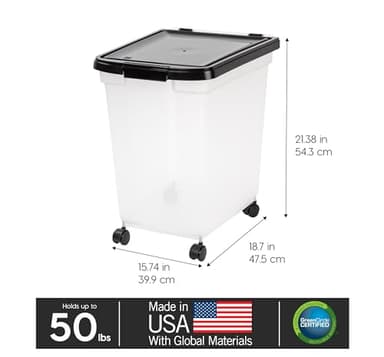 IRIS USA Airtight Dog Food Storage Container, WeatherPro, Up to 50 lbs, Removable Wheels, for Dog Cat Bird and Other Pet Food Storage Bin, Keep Fresh, Translucent Body, Made in USA, Clear/Black - Image 3