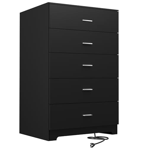 GEPELCN Dresser for Bedroom with Power Outlets Wood 5 Drawer Dresser with Large Storage Space Black Chest of Drawers with Smooth Metal Rail Tall Storage Organizer for Bedroom Living Room Closet - Image 1