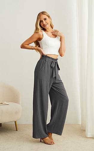 IWOLLENCE Women's Wide Leg Pants with Pockets High Waist Adjustable Knot Loose Casual Trousers Business Work Casual Pants Smoky Gray Large - Image 4