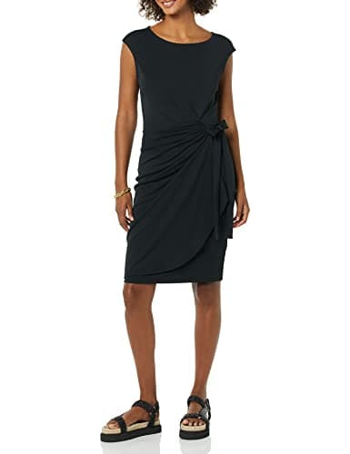 Amazon Essentials Women's Cap Sleeve Boat-Neck Faux Wrap Dress, Black, Medium - Image 1
