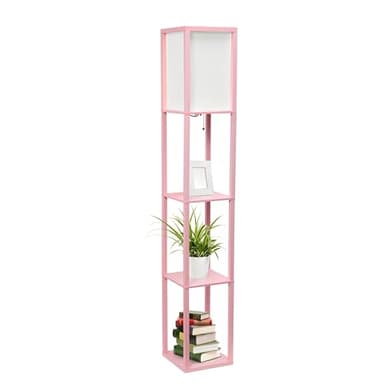 Simple Designs LF1014-LPK Etagere Organizer Storage Shelf Linen Shade Floor Lamp, Light Pink - Image 1