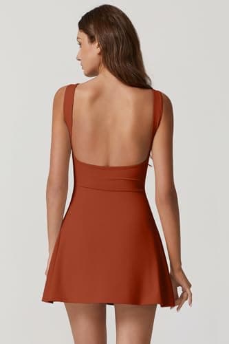 QINSEN Sleeveless Sport Dress for Women Summer Boat Neck Backless Workout Tennis Dress Brick Red M - Image 2