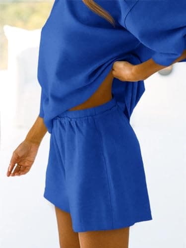 Tankaneo Womens Pajama Sets 3/4 Sleeve Oversized Tops and Elastic Waist Shorts Lounge Sets Loungewear Blue - Image 2
