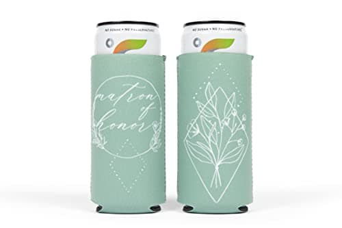 Loco Llama - Matron of Honor Slim Can Cooler (1) - Bridesmaid Proposal & Wedding Day Gifts - Bridal Shower Decorations - Bridal Party Favors - Bachelorette Party Supplies - Floral Sage Green - Image 1