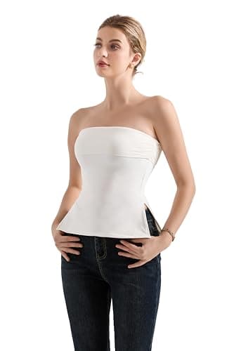 SUUKSESS Women Double Lined Going Out Trendy Tube Tops Side Split Sexy Strapless Tank Tops (White,S) - Image 3