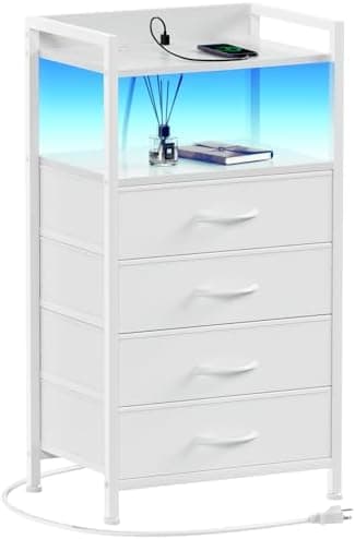Furnulem White Nightstand with Charging Station, Night Stand Side Table with Led Light, Tall Dresser for Bedroom with 4 Fabric Storage Drawers, Metal Frame, Wood Shelf(White - Image 3