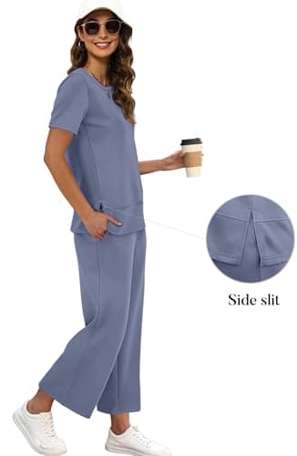 XIEERDUO Two Piece Travel Outfits for Women 2 Pc Lounge Set Casual Summer Tracksuit Wide Leg Loungewear Short Sleeve Track Suit Women's Jumpsuit Fashion Spring Vacation Clothes Blue XL - Image 2