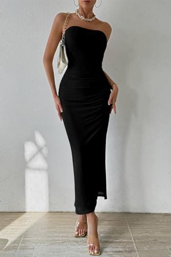 PRETTYGARDEN Women's Summer Maxi Bodycon Dresses Strapless Tube Top Printed Long Party Club Slit Dress (Solid Black,Small) - Image 3
