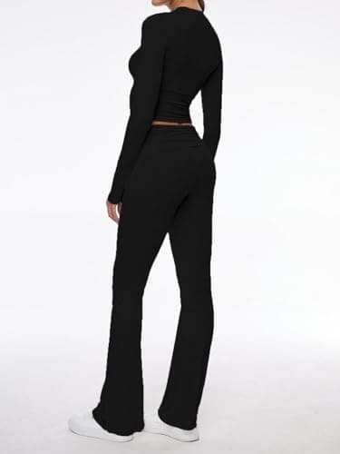 AnotherChill Women's 2 Piece Lounge Sets Fold-over Flare Pants Set Long Sleeve Cropped Top Casual Outfits Pajamas (Black, Medium) - Image 4