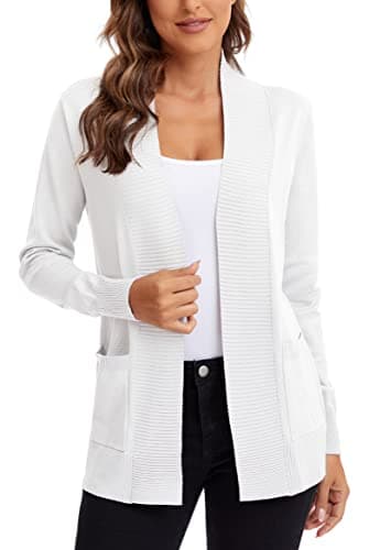 Urban CoCo Women's Lightweight Open Front Knit Cardigan Sweater Long Sleeve with Pocket (White, M) - Image 1