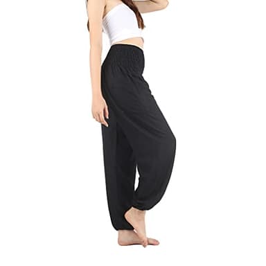 Boho Pants 2-Pocket Flowy Harem Pants Women for Yoga Travel Hippie Clothes Solid Black - Image 1