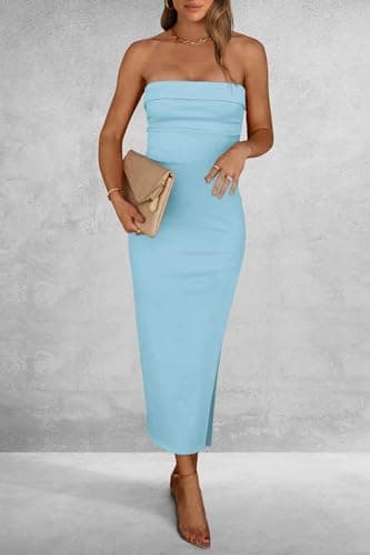 PRETTYGARDEN Women's Summer Bodycon Maxi Tube Dress Ribbed Strapless Side Slit Long Going Out Casual Elegant Party Dresses (Aqua Blue,Medium) - Image 7