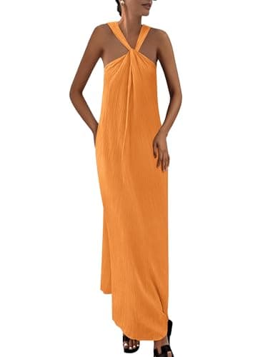 PRETTYGARDEN Womens 2025 Casual Long Summer Dresses Sleeveless Strappy Loose Flowy Beach Vacation Maxi Dress with Pockets (Orange Yellow,X-Large) - Image 1