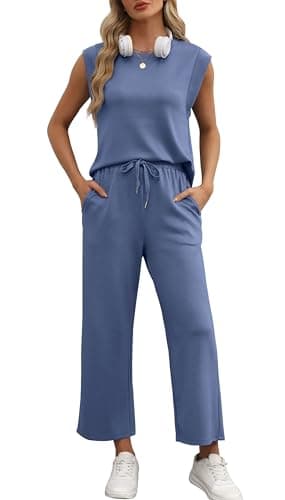 OFEEFAN 2 Piece Sets for Women Matching Sets Women Clothing Business Casual Outfits Spring Summer Loungewear Set Wide Leg Pants Beach Fashion Blue S - Image 2