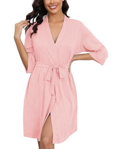 Ekouaer Robes for Women Ribbed Knit Bathrobe Soft Knee Length Kimono Robe 3/4 Sleeve Sleepwear with Pockets S-XXL - Image 1
