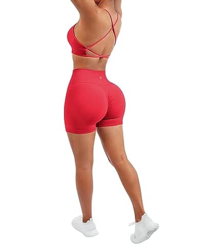 SUUKSESS Women Seamless 2 piece Workout Sets Strappy Padded Sports Bra Booty High Waisted Shorts Outfits (Red,S) - Image 5