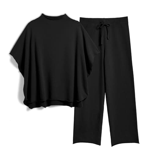 SeeLuNa Women's Two Piece Outfits 3/4 Batwing Sleeve Capelet Crew Neck Pullover Top Wide Leg Pants Lounge Set(Black,XL) - Image 1