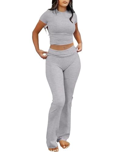 ANRABESS Lounge Sets for Women 2 Piece Foldover Yoga Flare Leggings Pants Crop Tops Casual Y2K Outfits Matching Tracksuit Set Grey Grey Medium - Image 1