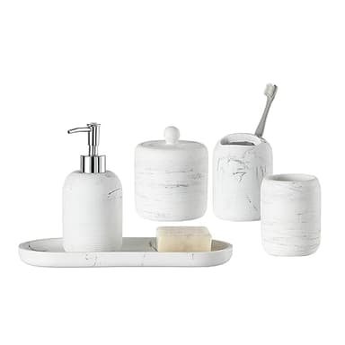 QL DESIGN Bathroom Accessories Set, 5-Piece Resin Bath Accessory Complete Set with Lotion Dispenser/Soap Pump, Cotton Jar, Tray, Tumbler and Toothbrush Holder (Marble Look) - Image 2