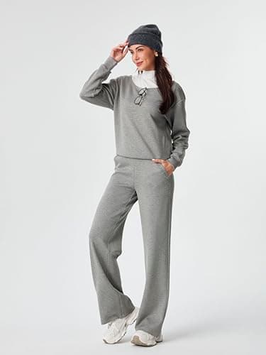 AFITNE 2 Piece Outfits for Women Long Sleeve Off-Shoulder Pullover Tops Wide Leg Sweatpants Pull On Pants Sets Stretchy Trendy Tracksuits with Pockets Fashion Mathching Sweatsuits Grey L 29" - Image 8