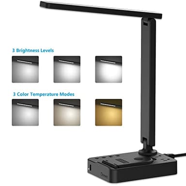 Drevet LED Desk Lamp with Wireless Charger, Desk Table Light with USB Charging Port and 2 Outlets, 3 Lighting Modes, 3 Level Brightness, 1H Timer, Touch Control, Eye-Caring Home Office Foldable Lamp - Image 2