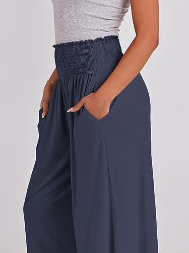 ANRABESS Women Palazzo Pants Summer Boho Bagyy Wide Leg High Smocked Waist Casual Loose Lounge Pant with Pocket Deep Blue X-Large - Image 7