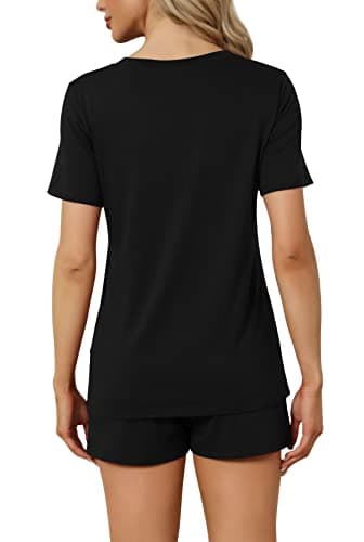 RUBZOOF Women's Short Sleeve 2 Piece Pajama Sets V-Neck Casual Summer Lounge Sets Black S - Image 2