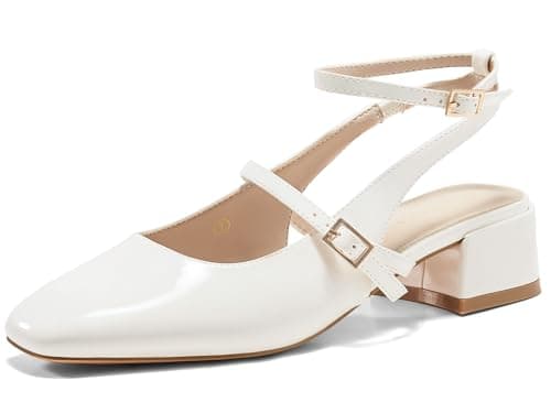Coutgo Womens Mary Jane Chunky Low Heels Closed Square Toe Ankle Strap Pumps Wedding Party Dress Shoes, White, Size 9 - Image 1