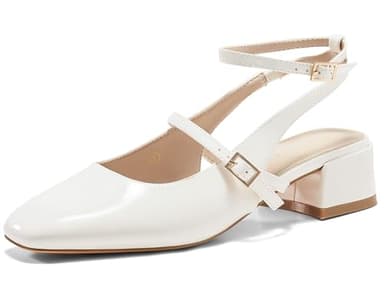 Coutgo Womens Mary Jane Chunky Low Heels Closed Square Toe Ankle Strap Pumps Wedding Party Dress Shoes, White, Size 9 - Image 1