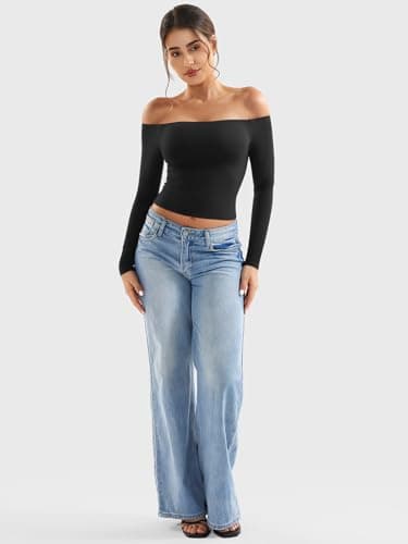 YEOREO Sophie Women Off Shoulder Long Sleeve Shirts Double Lined Basic Undershirt Y2K Going Out Tops Black-S - Image 5