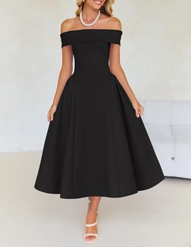 ZESICA Cocktail Dresses for Women's Elegant Off Shoulder Short Sleeve Swing A Line Wedding Evening Party Midi Dress,Black,X-Large - Image 2