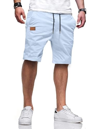JMIERR Mens Casual Shorts - Cotton Drawstring Summer Beach Stretch Waist Twill Chino Dress Golf Travel Essentials Shorts with Pockets, L, Mist Blue - Image 1