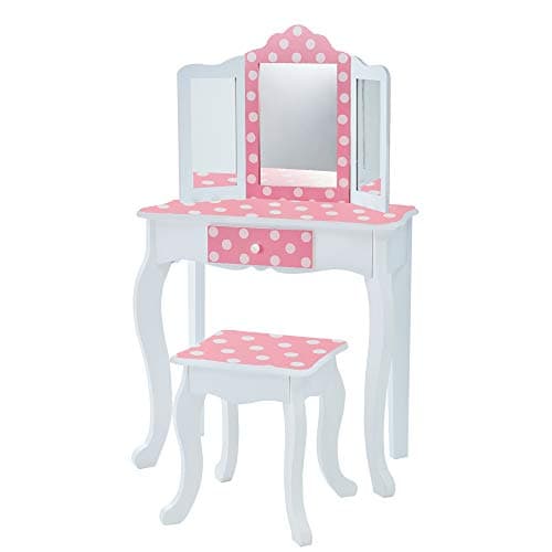 Teamson Kids Princess Gisele Polka Dot Print 2-Piece Kids Wooden Play Vanity Set with Vanity Table, Tri-Fold Mirror, Storage Drawer, and Matching Stool, White with White/Pink Polka Dot Accent - Image 1