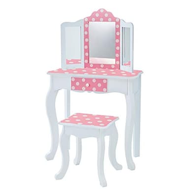Teamson Kids Princess Gisele Polka Dot Print 2-Piece Kids Wooden Play Vanity Set with Vanity Table, Tri-Fold Mirror, Storage Drawer, and Matching Stool, White with White/Pink Polka Dot Accent - Image 1