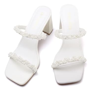 Avidirk Pearl White Heels Sandals Women's Square Open Toe Heeled Sandals Two Strap Mules Slip On Block Chunky Mid Heeled - Image 4