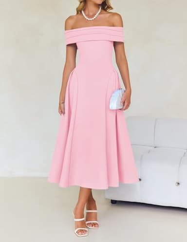 ZESICA Cocktail Dresses for Women's Elegant Off Shoulder Short Sleeve Swing A Line Wedding Evening Party Midi Dress,Pink,Medium - Image 8