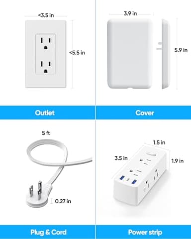 Olcorife Flat Extension Cord with Outlet Cover, Flat Plug Power Strip with 6 Outlets and 3 USB Ports, 2000 Joules Surge Protector, 5 FT Cord Hidden Outlet Extender for Tight Spaces, White - Image 6