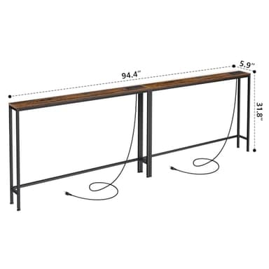 ManGuish 94.4" Long Console Table with Charging Station, Sofa Table with 2 Power Outlets & 2 USB Ports, Metal Frame, with Extension Cord, Behind Couch Table for Living Room Entryway, Rustic Brown - Image 3