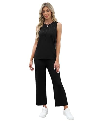 Two Piece Sets for Women Summer Outfits Casual Lounge Matching Sets Women Clothing Travel Vacation Cruise Outfits Wide Leg Crop Pants Set 2025 Black M - Image 4