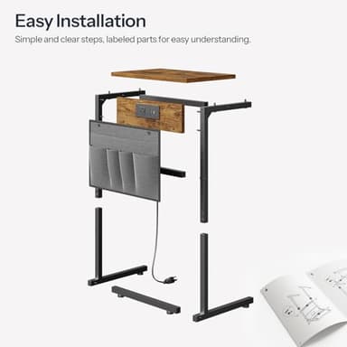 HOOBRO C Shaped End Table with Charging Station, 28" H Couch Side Table Slide Under, Sofa Arm Tray Table with Storage Bag for Living Room, Recliner, Rustic Brown BF70USF01 - Image 9
