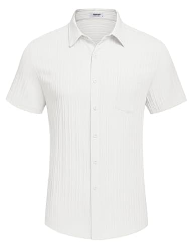 COOFANDY Men's Summer Linen Shirts Short Sleeve Button Down Shirts for Men Fashion Beach Casual Shirt A-White - Image 4