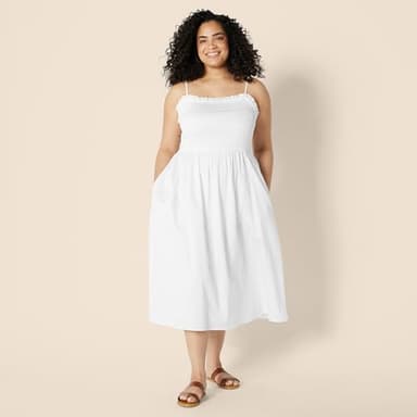 Amazon Essentials Women's Regular-Fit Cotton Sateen Smocked Bodice Midi Dress, White, X-Small - Image 6