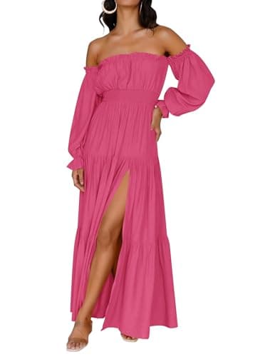 ZESICA Women's 2025 Boho Sexy Off Shoulder Long Sleeve Smocked High Waist Side Split Flowy A Line Tiered Long Maxi Dress,Rose,Medium - Image 1