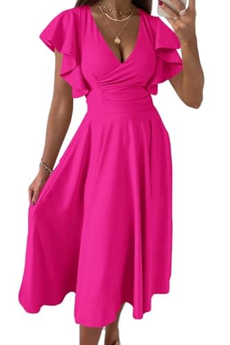 PRETTYGARDEN Summer Midi Dress 2025 Spring Ruffle Sleeve V Neck Cocktail Wedding Guest A Line Fit and Flared Dresses (Rose Red,Large) - Image 1