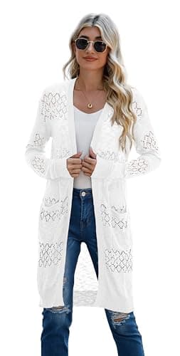 GRECERELLE Womens Lightweight Summer Long Cardigans Long Sleeve Casual Crochet Open-Front Sweater with Pockets, White, Large - Image 2